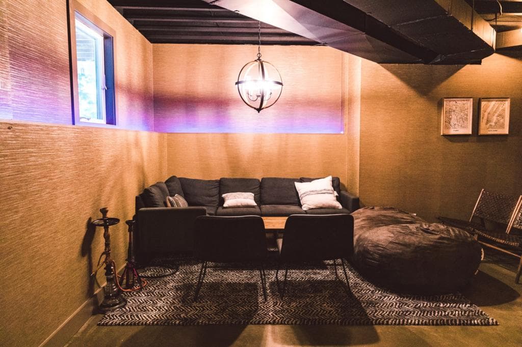 Media lounge with sectional and ambient lighting