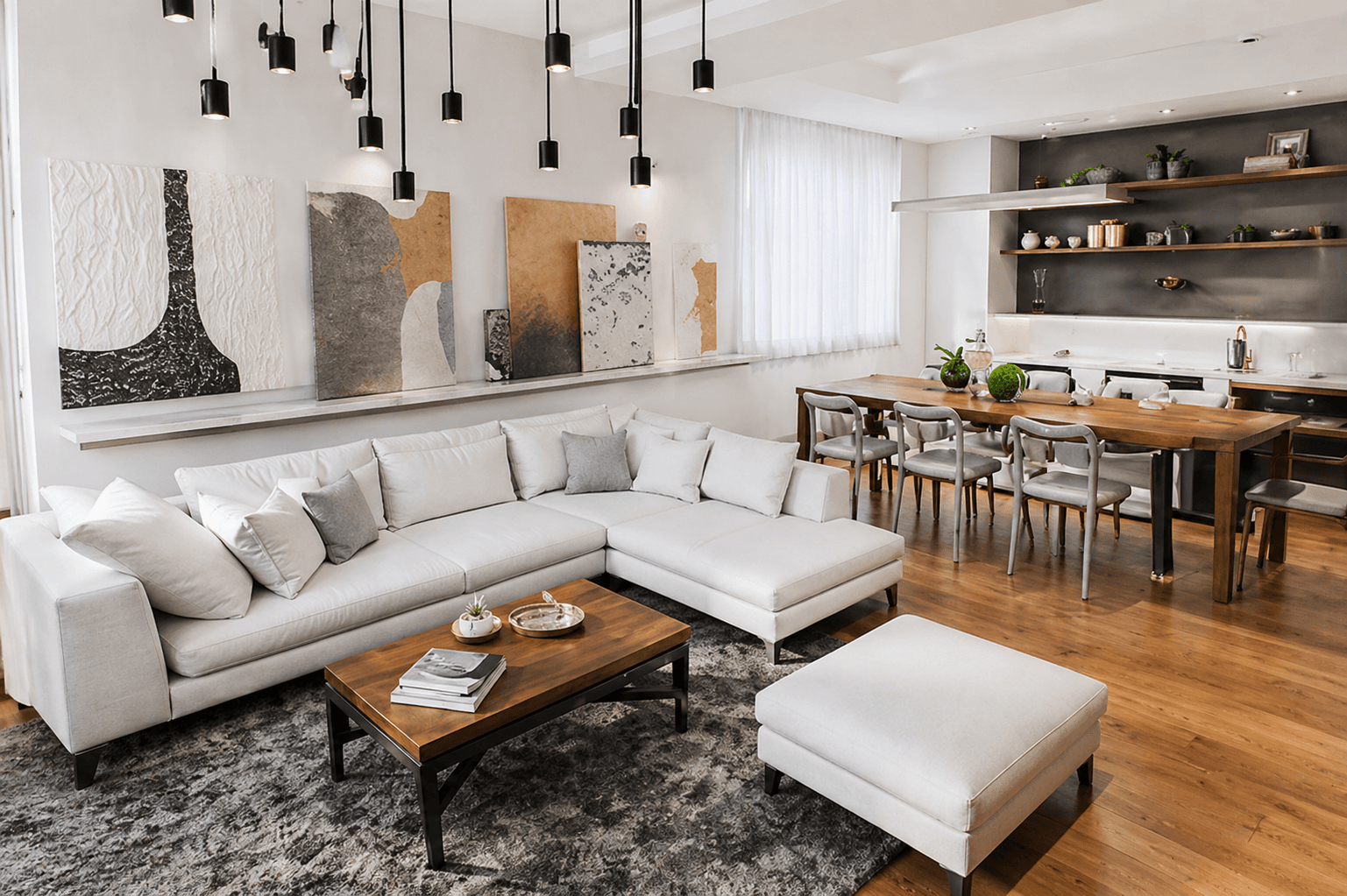 Bright living and dining space with sectional seating and contemporary lighting at the Miami property